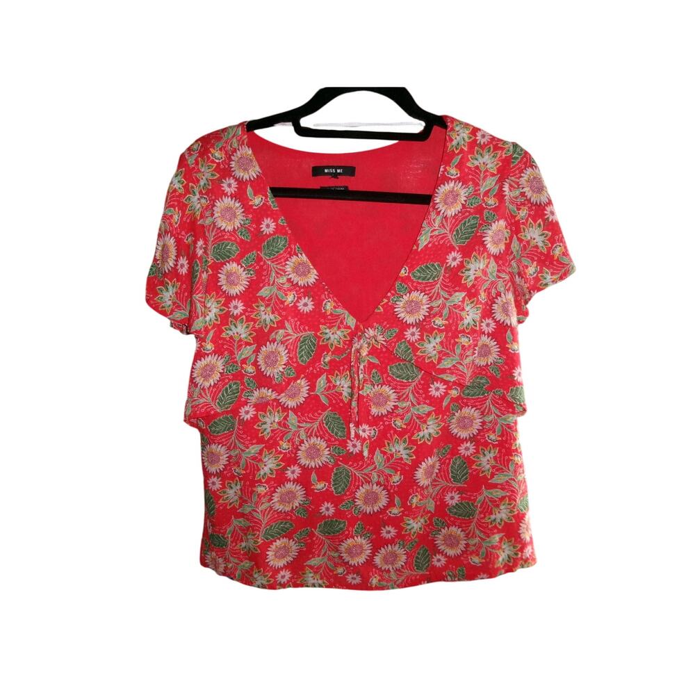 Miss Me Womens Large Red Floral Short Sleeve Tie Front Blouse Boho Top